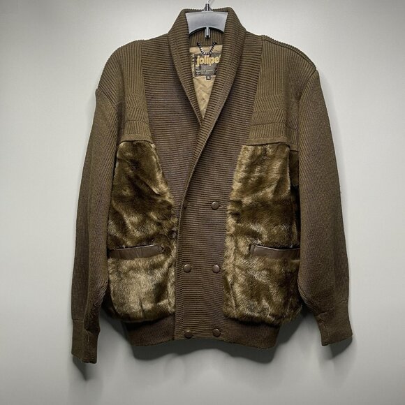 Vintage Jolipel Wool Blend Brown Jacket Sweater Open Collar XL - Picture 1 of 9